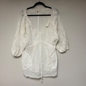 Rebecca Taylor Embroidered Cotton Silk V Neck 3/4 Sleeve Tunic Top Size 2‎ White